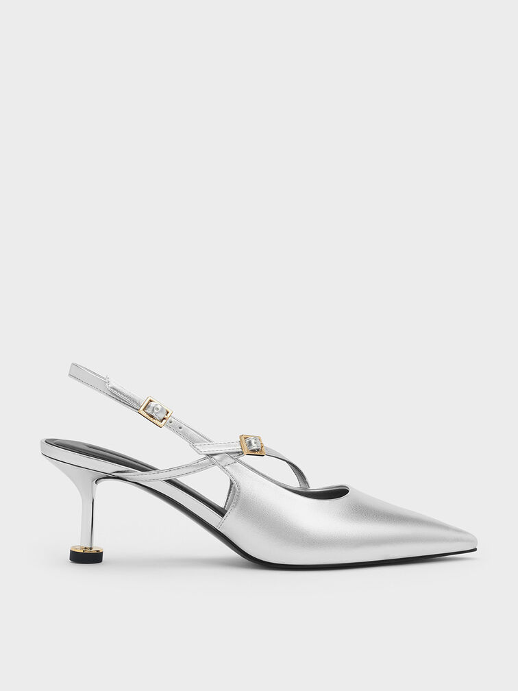 Metallic Buckled Sculptural-Heel Slingback Pumps, Silver, hi-res