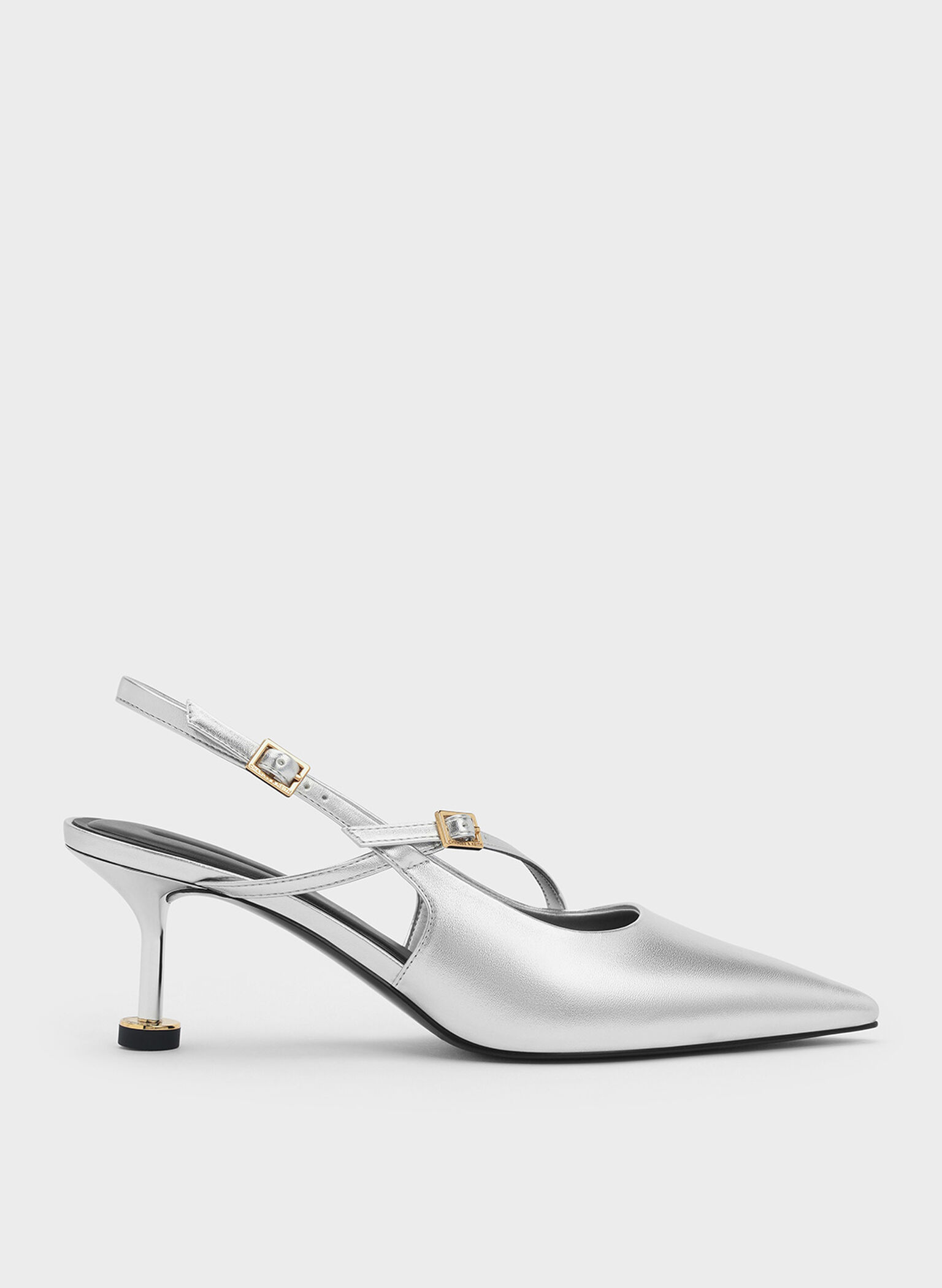 Metallic Buckled Sculptural-Heel Slingback Pumps, Silver, hi-res