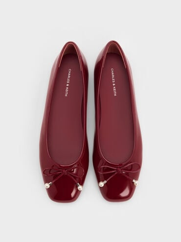 Barbara Patent Pearl-Embellished Bow Ballet Flats, Red, hi-res
