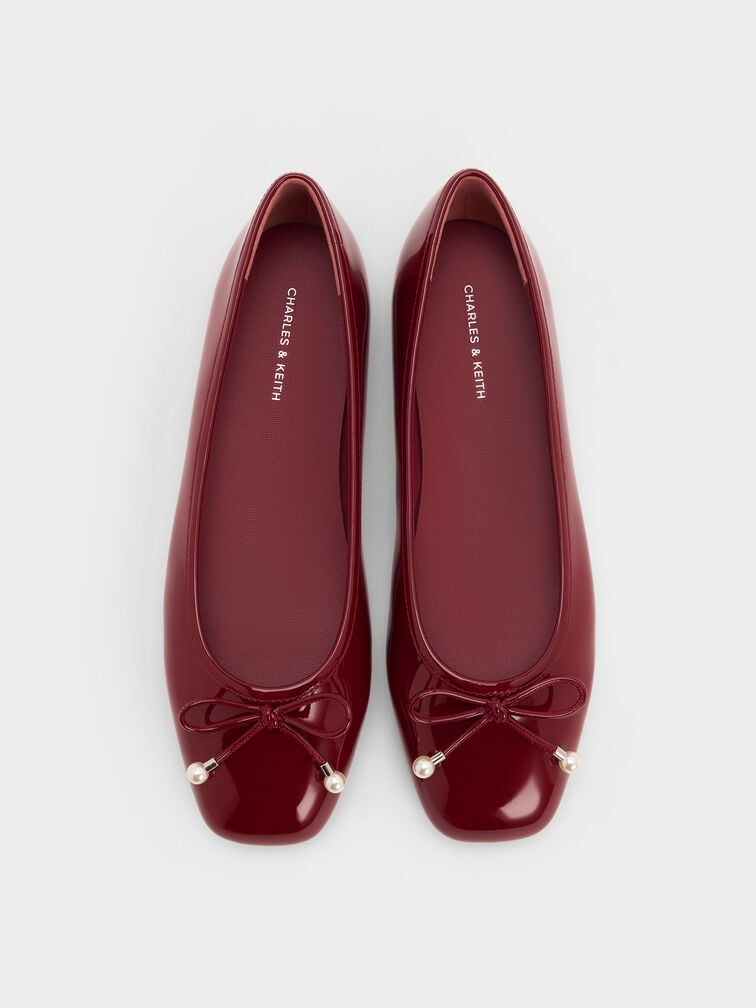 Barbara Patent Pearl-Embellished Bow Ballet Flats, Red, hi-res