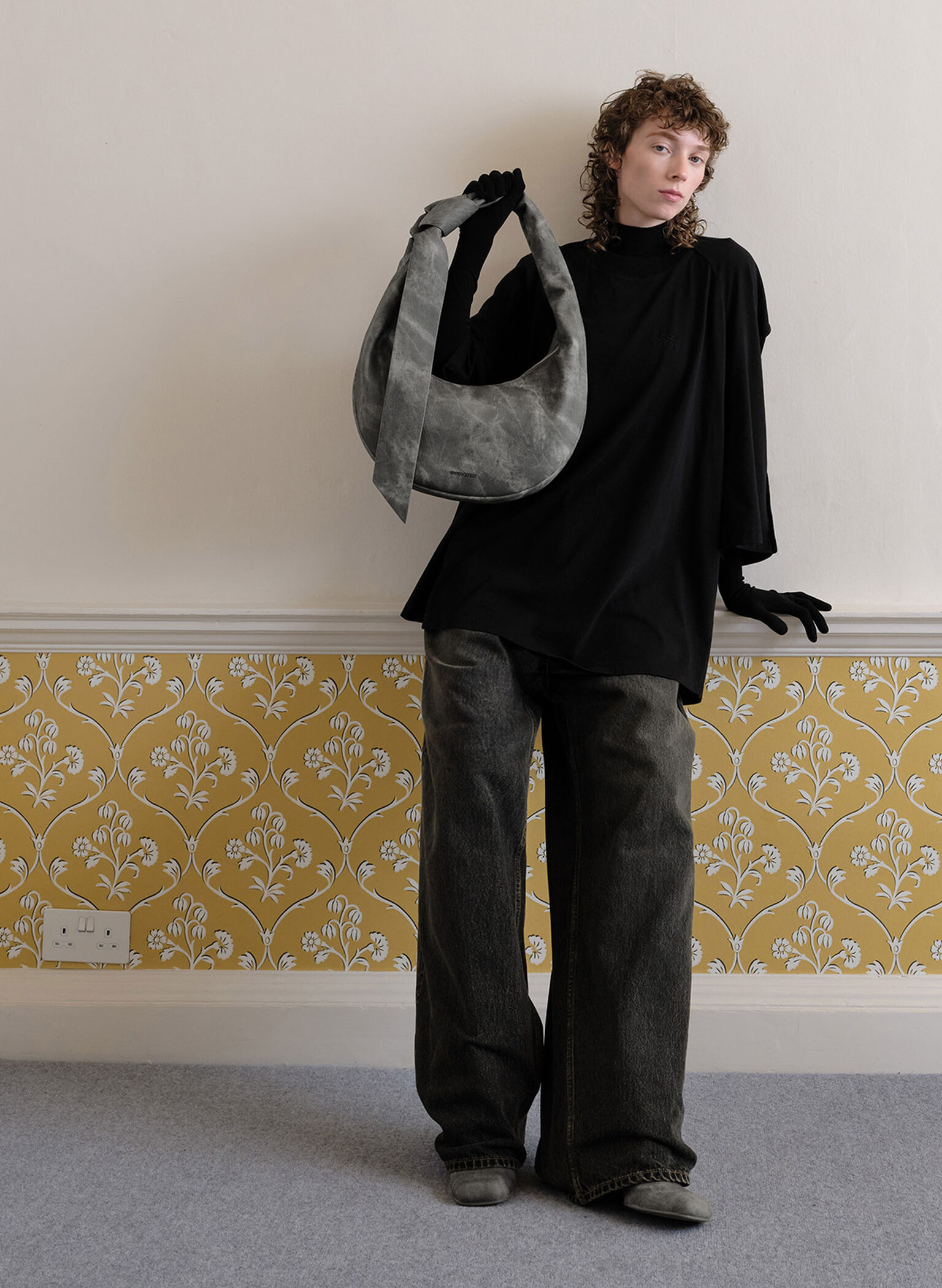 Toni Denim Knotted Crescent Hobo Bag, Dark Grey, hi-res