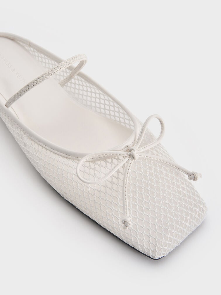 Mesh Bow Square-Toe Ballet Mules, White, hi-res