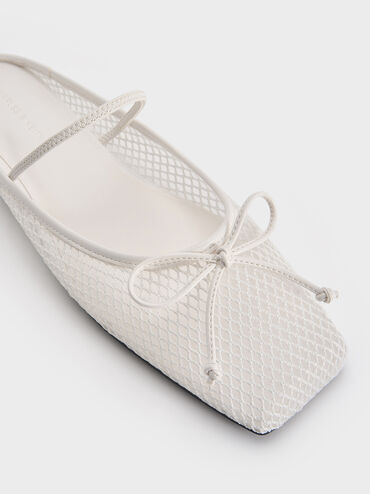 Mesh Bow Square-Toe Ballet Mules, White, hi-res