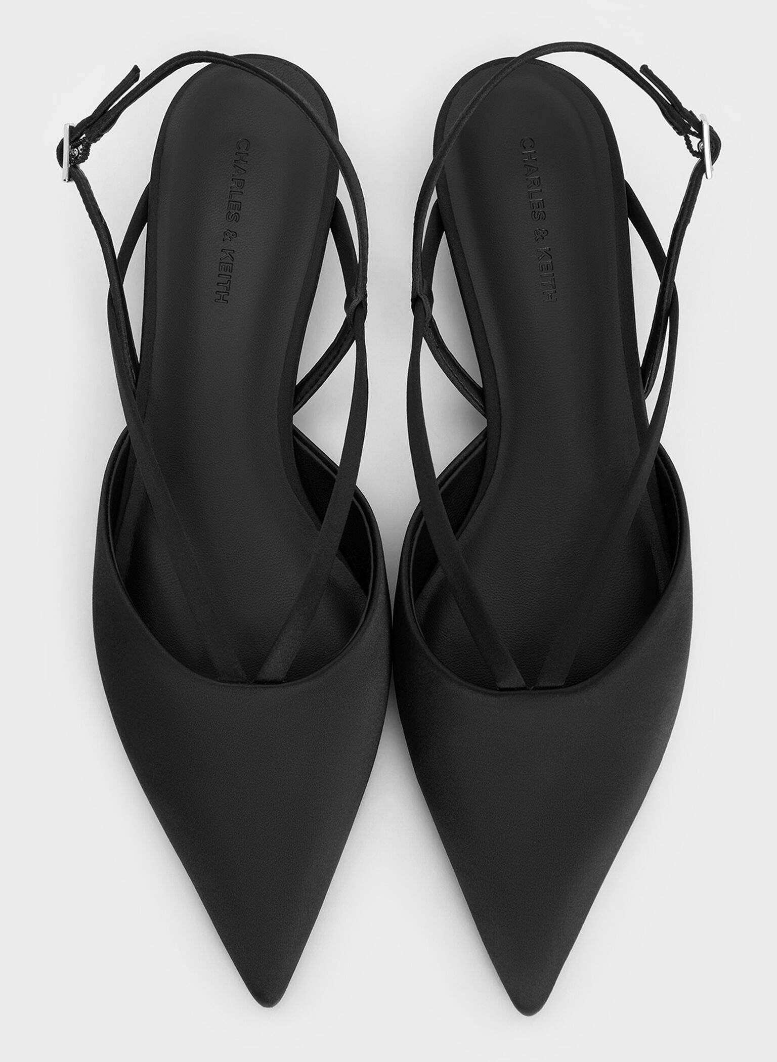 Satin V-Strap Pointed-Toe Slingback Kitten Heels, Black Textured, hi-res