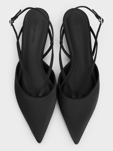 Satin V-Strap Pointed-Toe Slingback Kitten Heels, Black Textured, hi-res