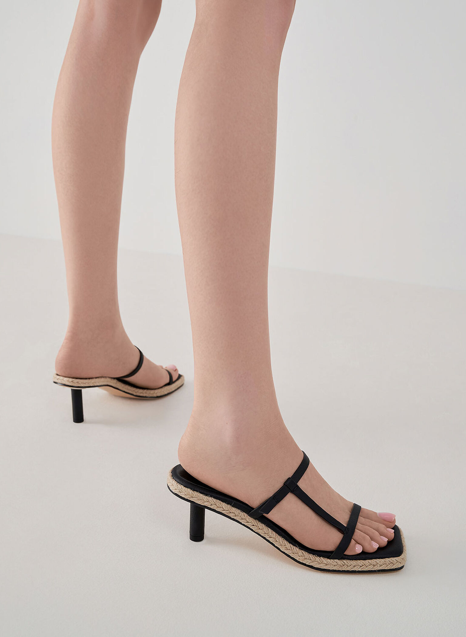 Jute-Trim Heeled Mules, Black, hi-res