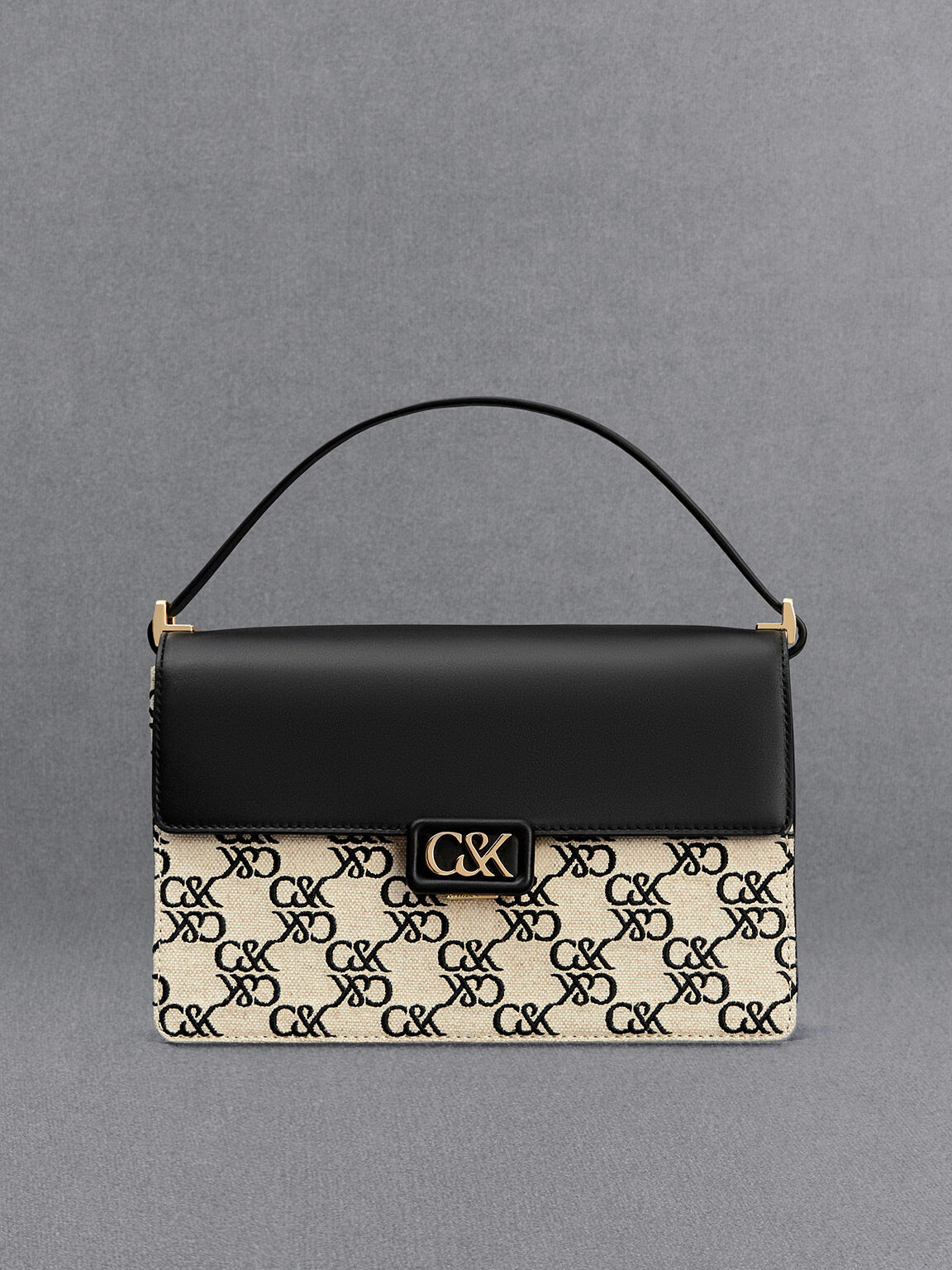 Leather Canvas Monogram Shoulder Bag Black