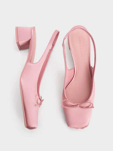 Satin Bow Square-Toe Slingback Pumps, Pink, hi-res