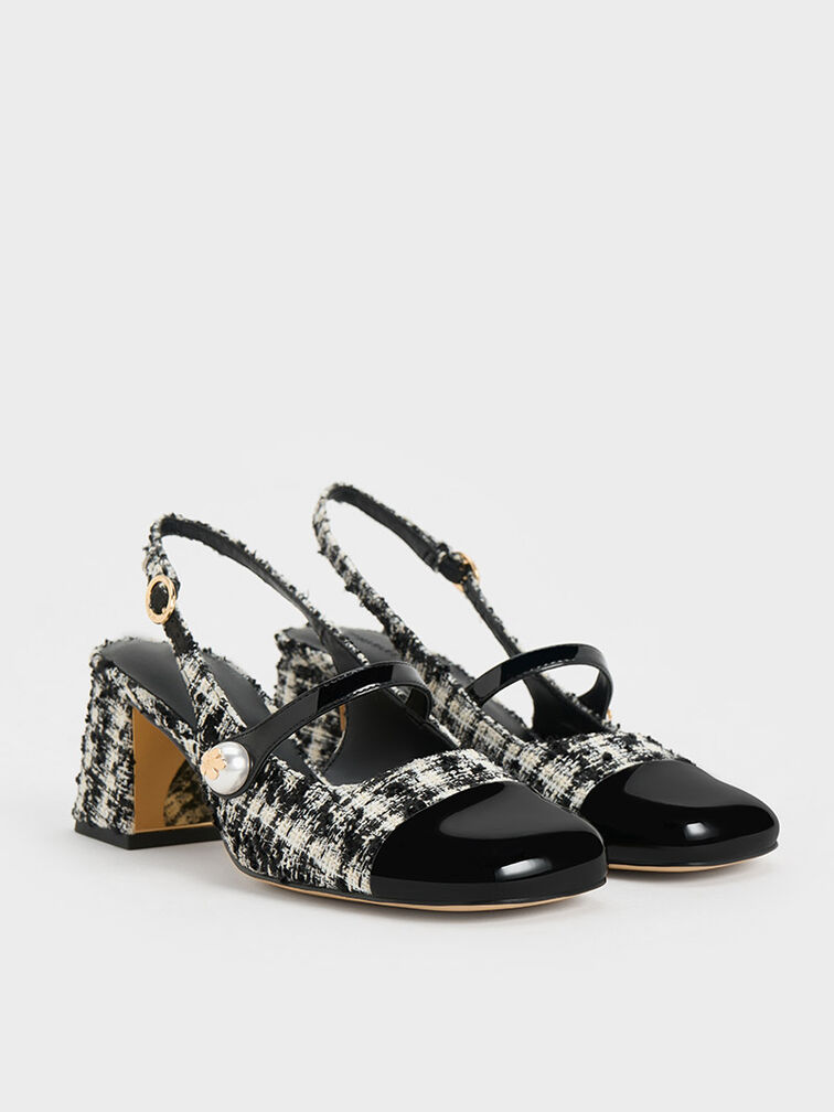 Aeryn Tweed Pearl-Embellished Slingback Pumps, Black Textured, hi-res