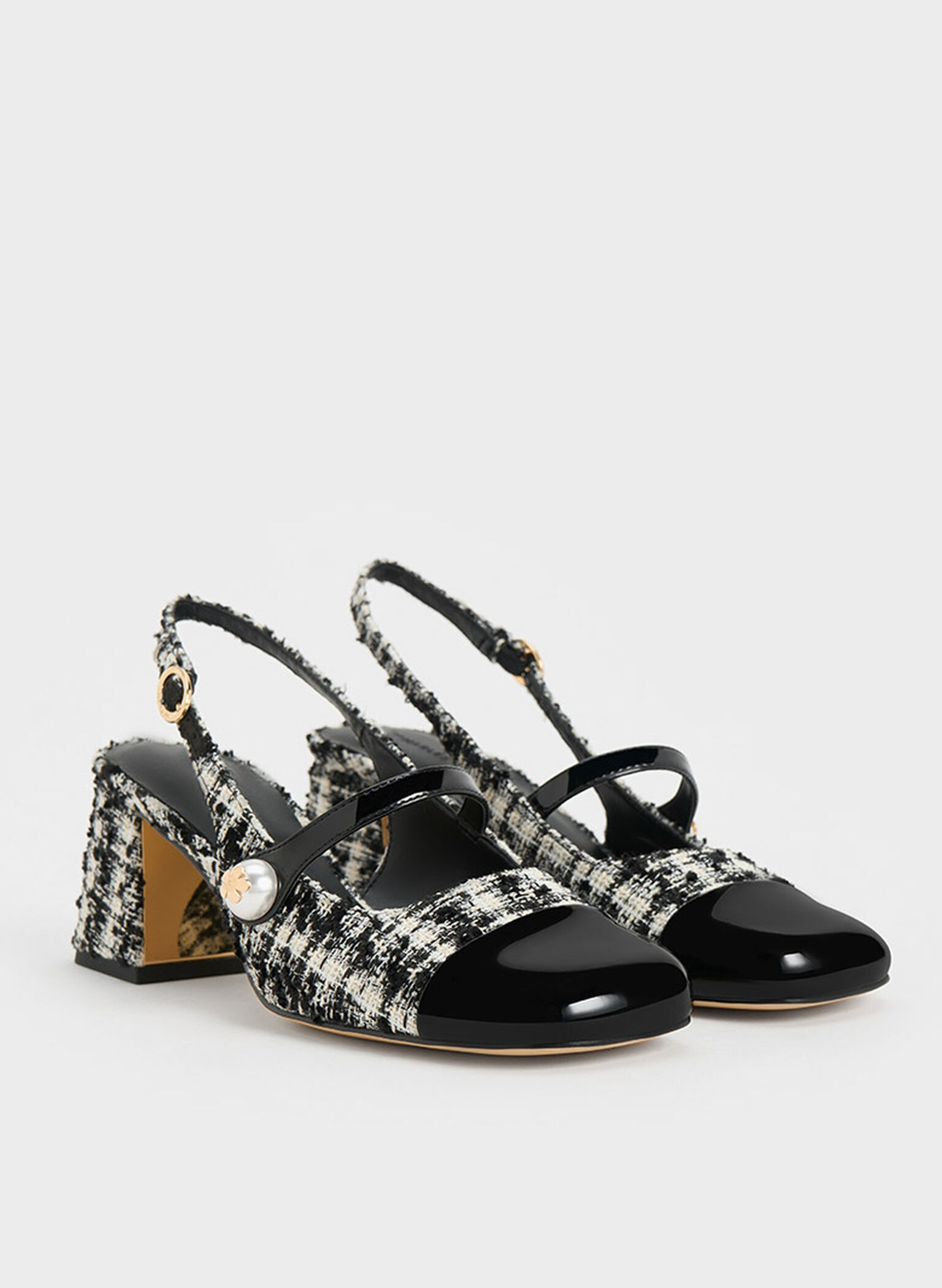 Aeryn Tweed Pearl-Embellished Slingback Pumps, Black Textured, hi-res