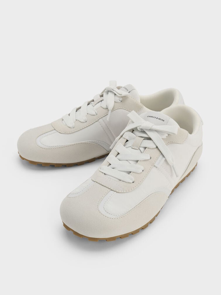 Nylon Contrast-Panel Lace-Up Sneakers, White, hi-res