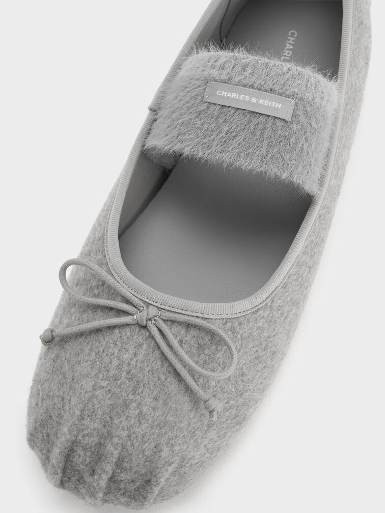 Winona Felt Bow Furry-Strap Mary Jane Flats, Light Grey, hi-res