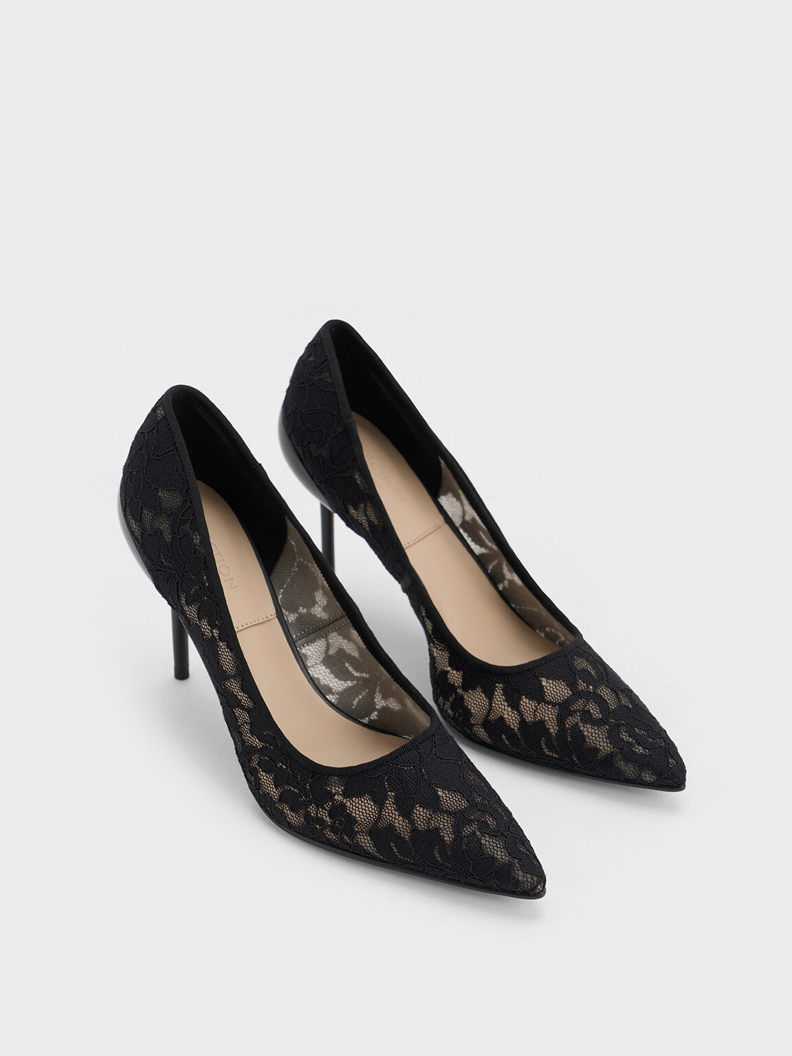 Lace Mesh Pointed Toe Pumps Black Textured