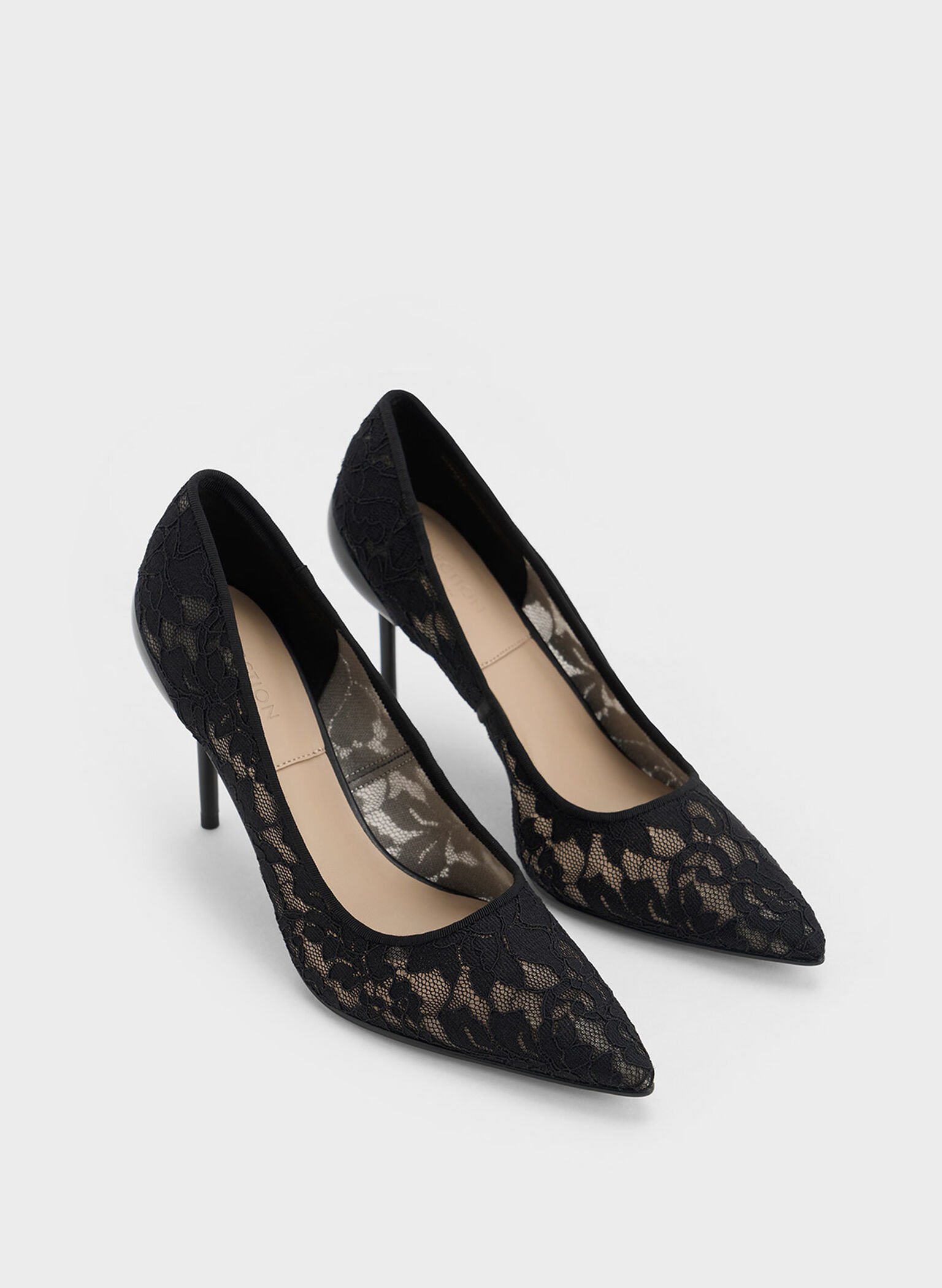 Lace & Mesh Pointed-Toe Pumps, Black Textured, hi-res