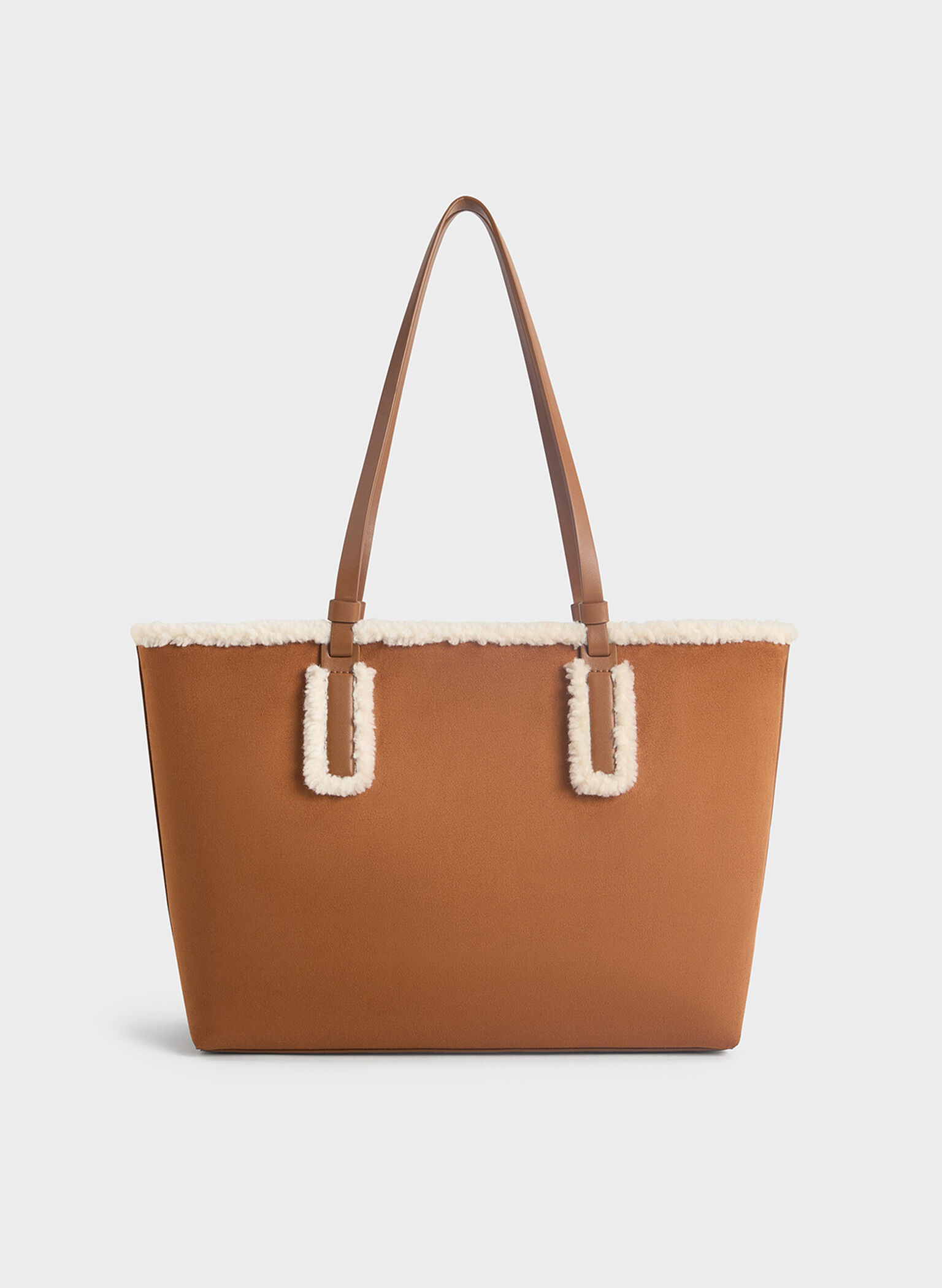 Noelle Faux Suede Fur-Trim Tote Bag, Brown, hi-res