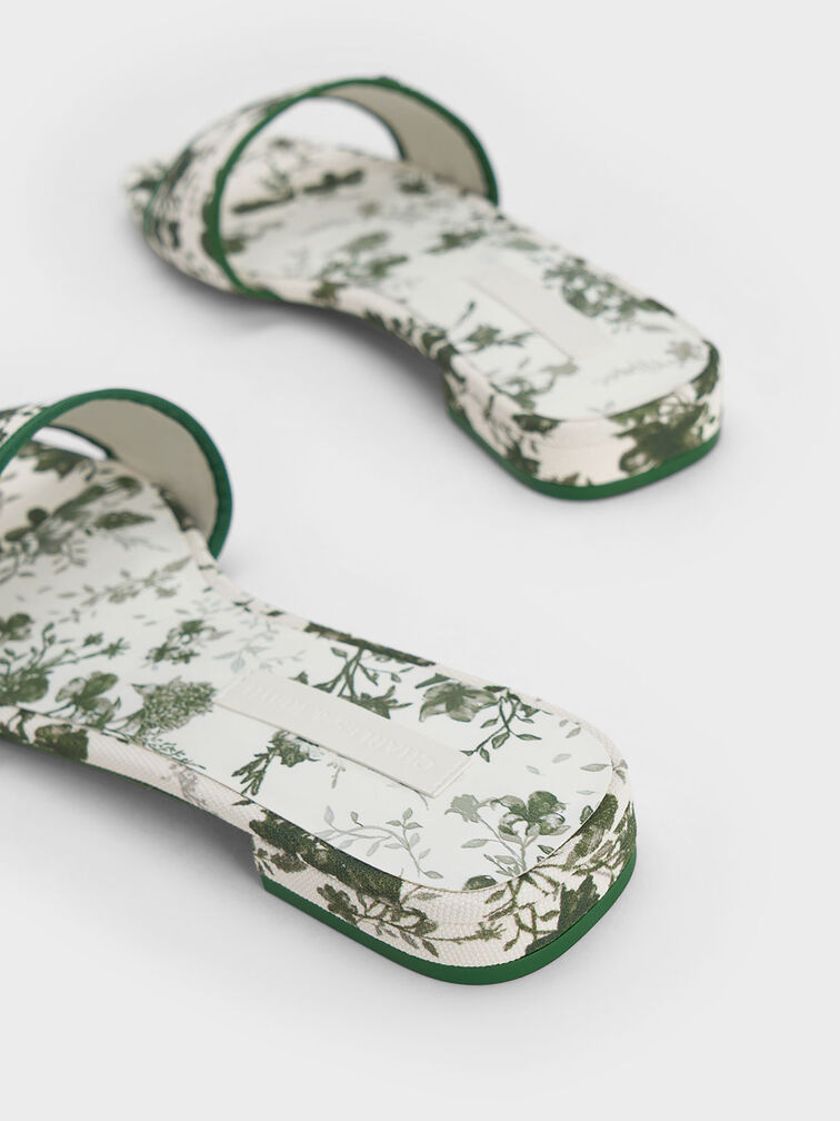 Floral-Print Slide Sandals, Green, hi-res