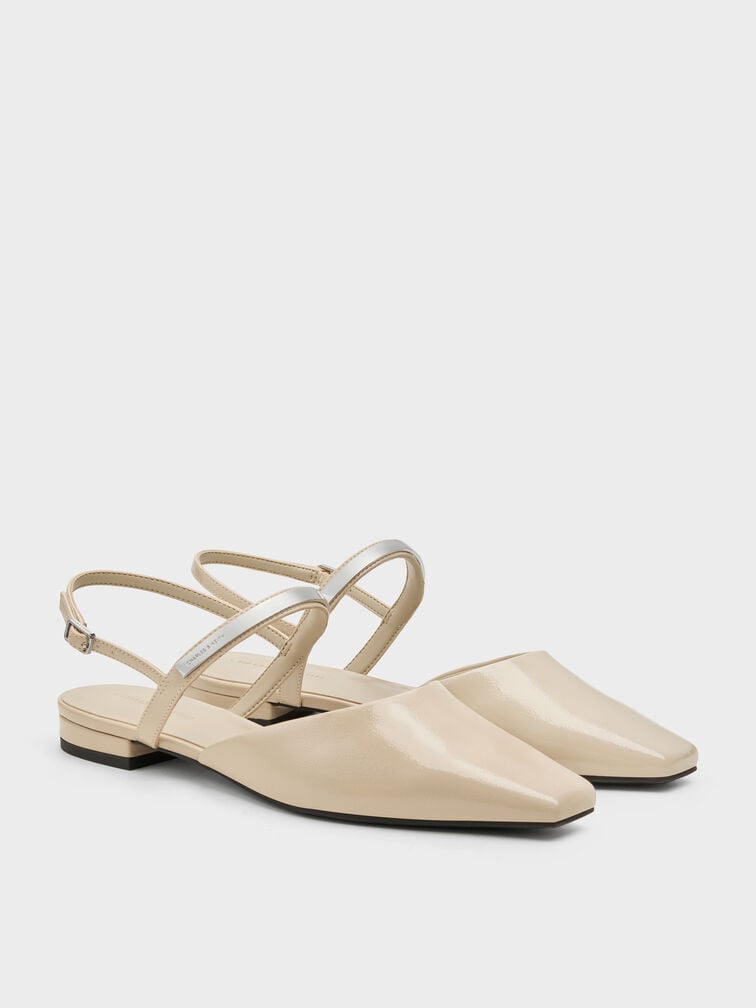 Patent Metallic-Accent Square-Toe Slingback Flats, Beige, hi-res