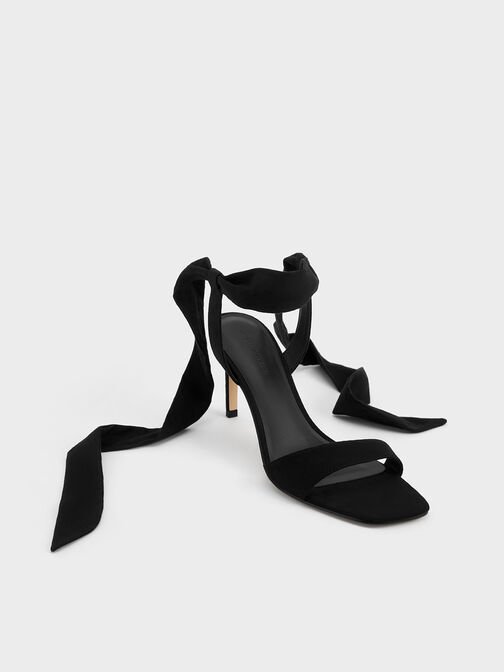 Textured Tie-Around Heeled Sandals, Black Textured, hi-res