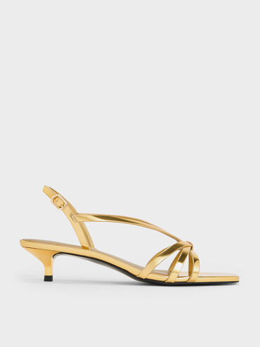 Metallic Kitten-Heel Strappy Sandals, Gold, hi-res