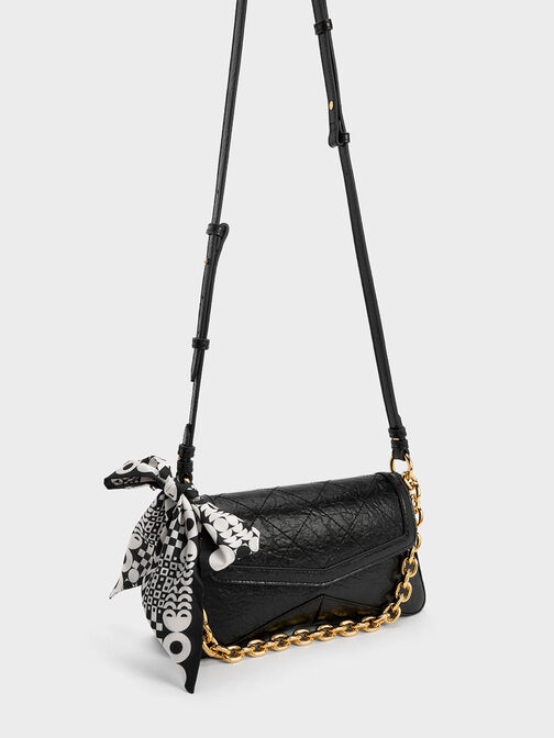 Arley Scarf Chain-Link Trapeze Bag, Black, hi-res
