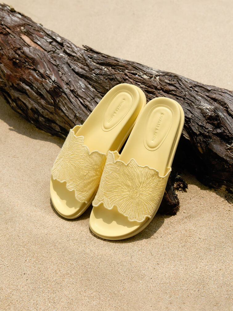 Crochet Floral Slide Sandals, Yellow, hi-res