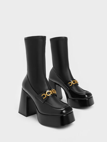 Metallic Accent Platform Ankle Boots, Black, hi-res