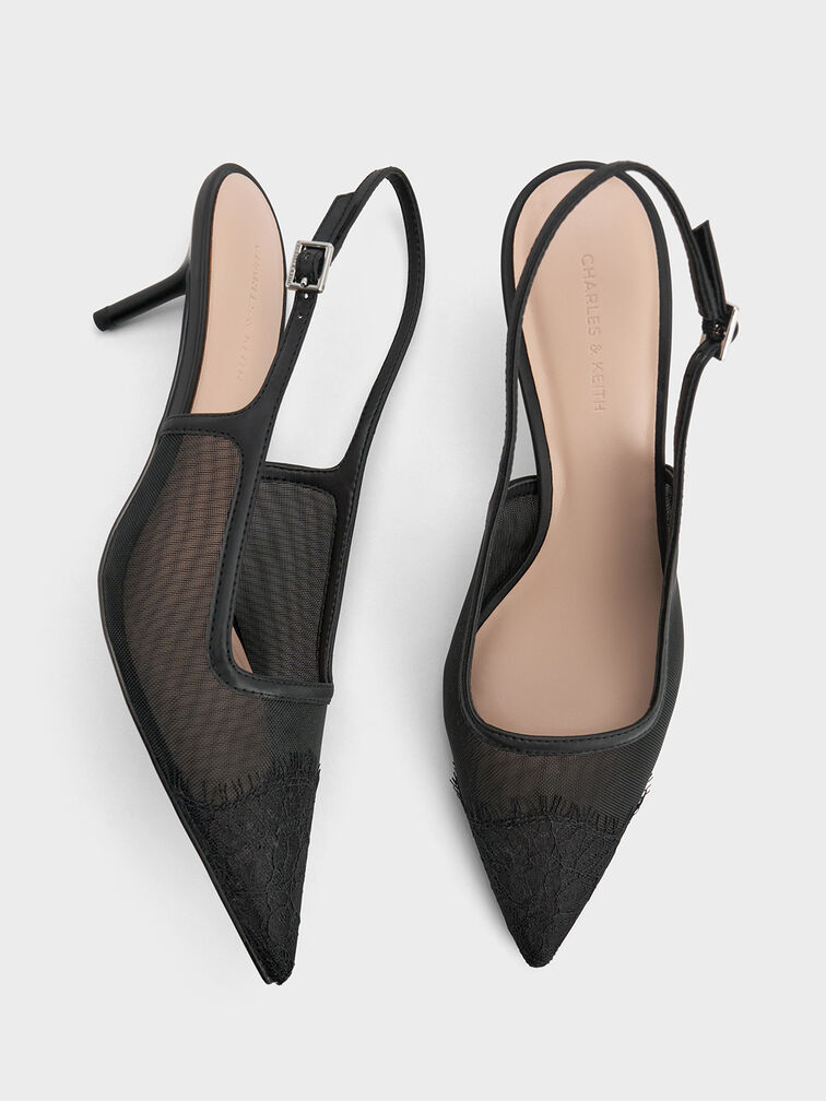 Mesh & Lace Pointed-Toe Slingback Pumps, Black Textured, hi-res