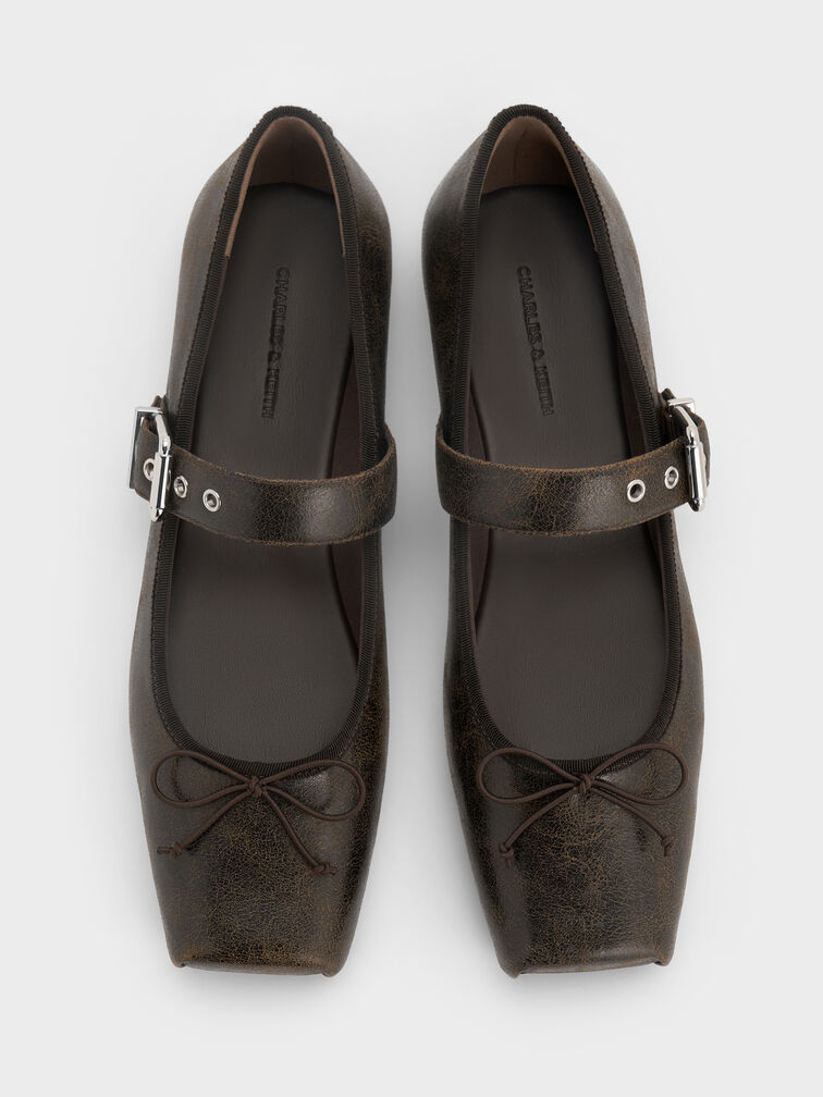 Myler Crinkle-Effect Bow Square-Toe Buckled Mary Janes, Dark Brown, hi-res