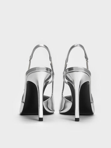 Metallic Chain-Strap Pointed-Toe Slingback Pumps, Silver, hi-res