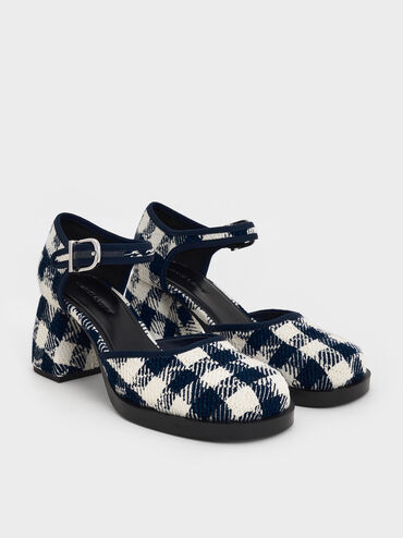 Checkered Block-Heel Ankle-Strap D'Orsay Pumps, Dark Blue, hi-res