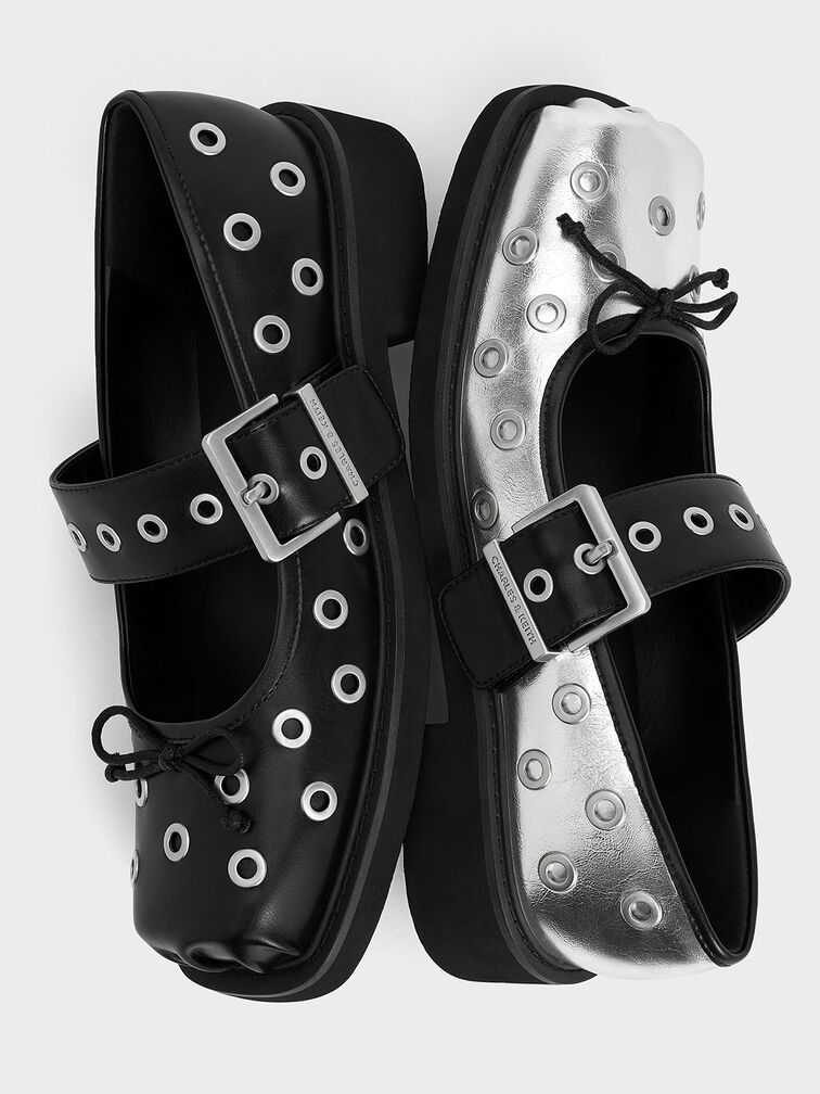 Metallic Grommet Buckled Mary Janes, Silver, hi-res