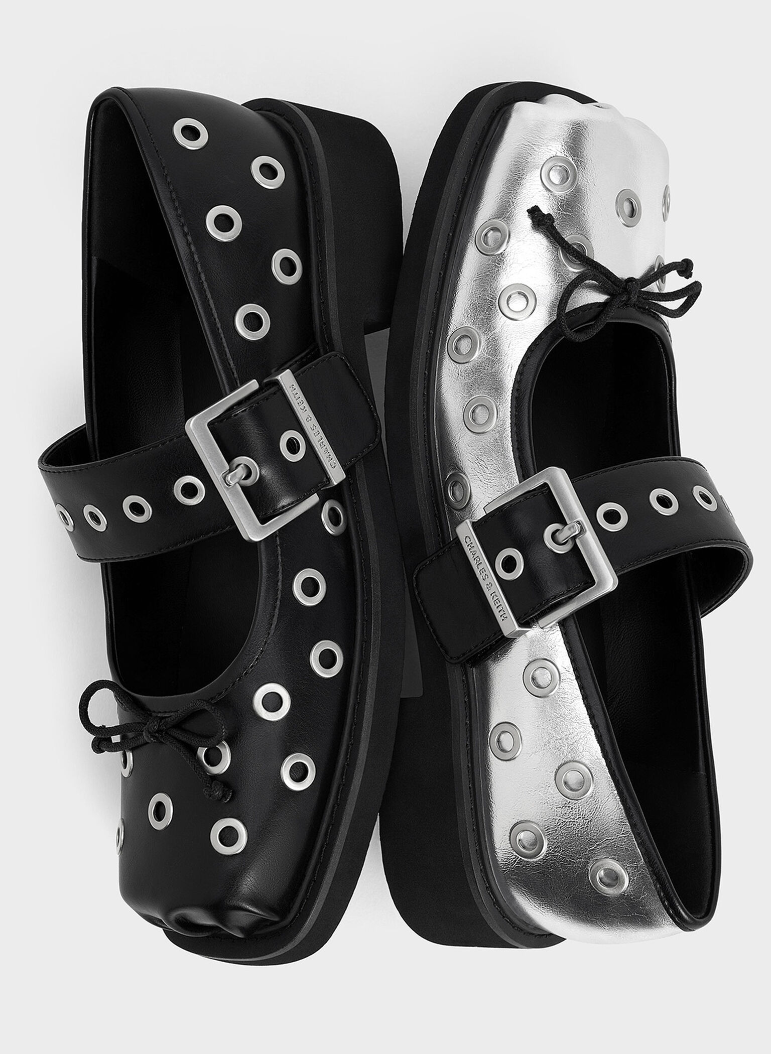 Metallic Grommet Buckled Mary Janes, Silver, hi-res