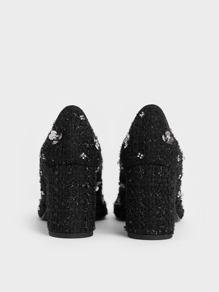 Mino Tweed Sequin-Flower Mary Jane Pumps, Black Textured, hi-res