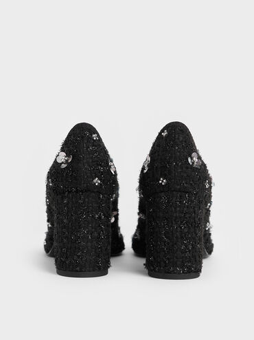 Mino Tweed Sequin-Flower Mary Jane Pumps, Black Textured, hi-res
