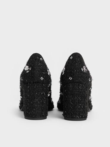 Mino Tweed Sequin-Flower Mary Jane Pumps, Black Textured, hi-res