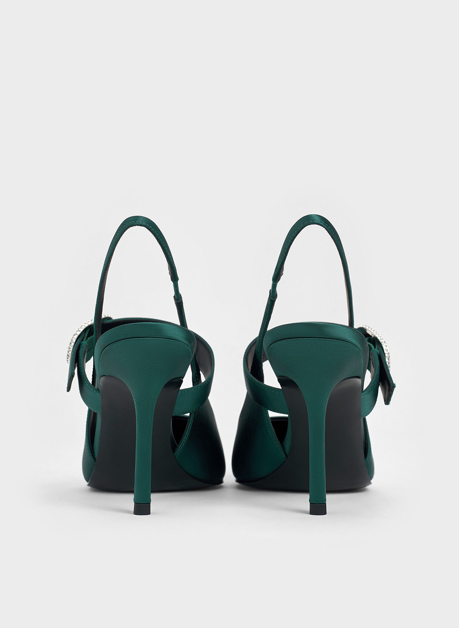 Recycled Polyester Crystal-Buckled Slingback Pumps, Dark Green, hi-res