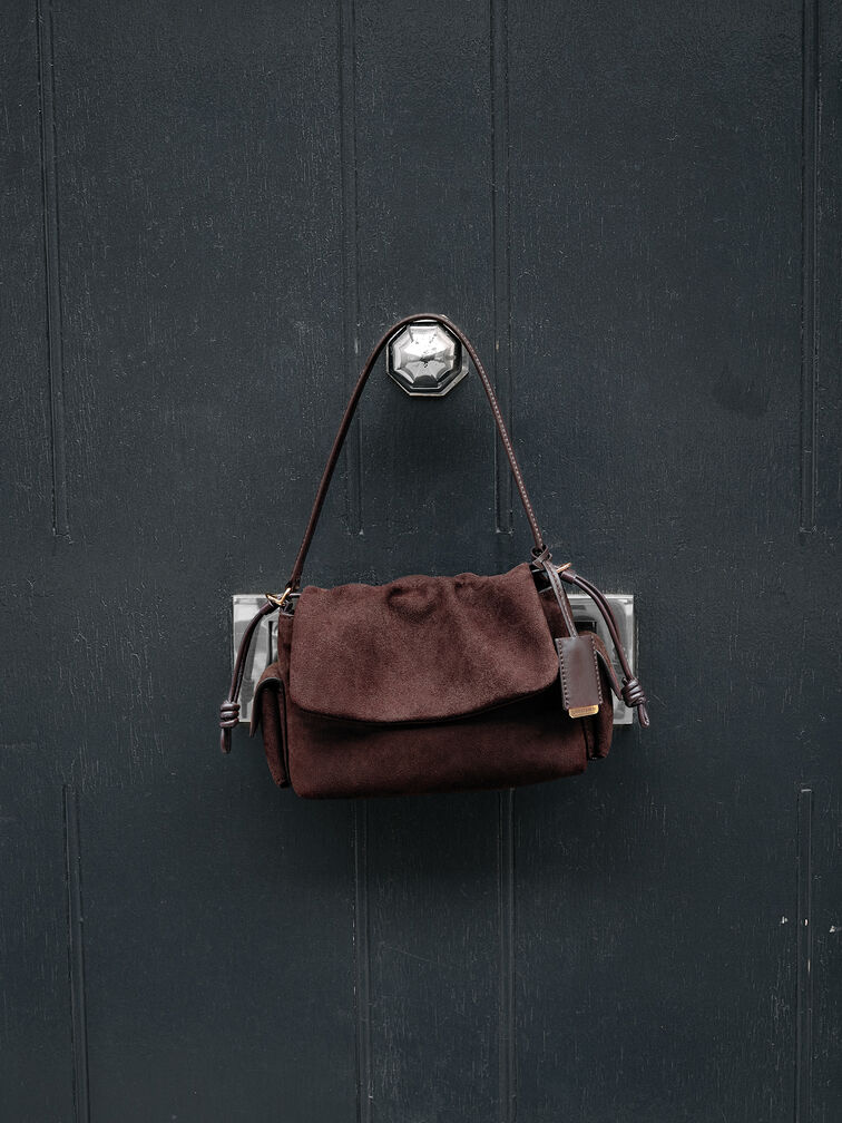 Khai Recycled Suede Ruched-Flap Side-Pocket Top Handle Bag, Espresso Brown, hi-res