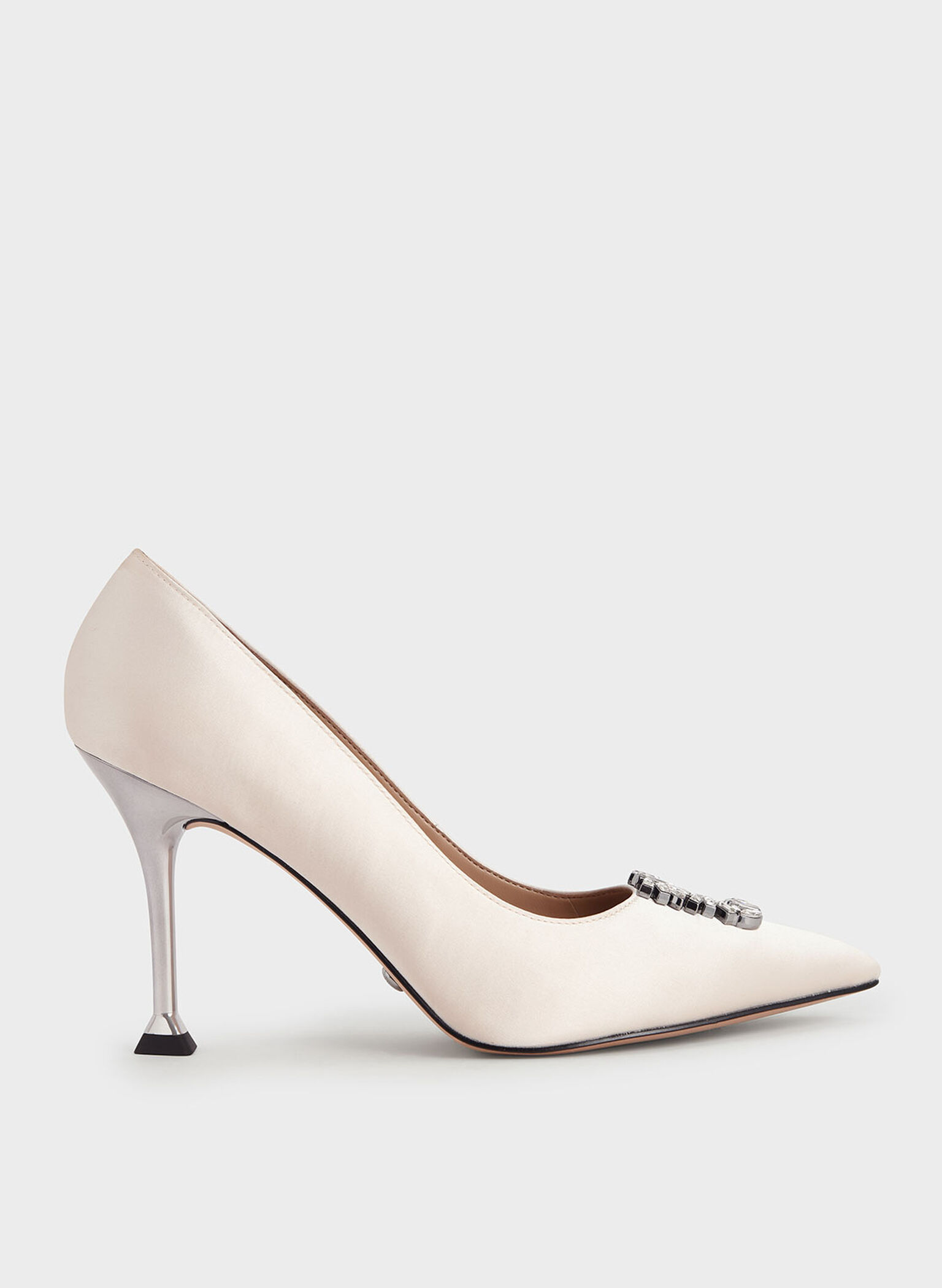 Satin Gem-Embellished Pumps, Cream, hi-res