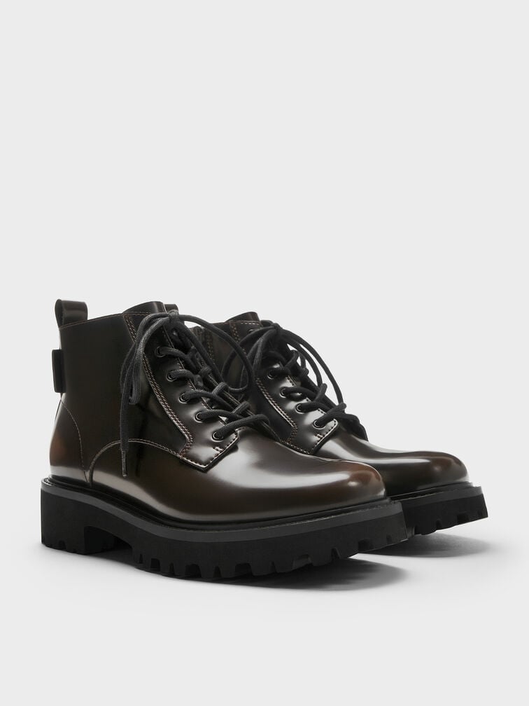 Ridged-Sole Side-Zip Combat Boots, Dark Brown, hi-res
