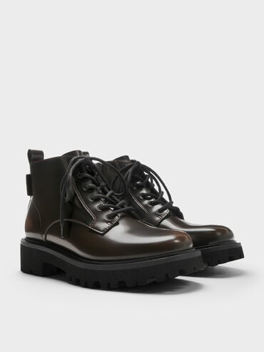 Ridged-Sole Side-Zip Combat Boots, Dark Brown, hi-res