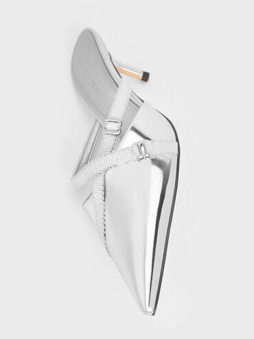 Metallic Grosgrain-Strap Pointed-Toe Mules, Silver, hi-res