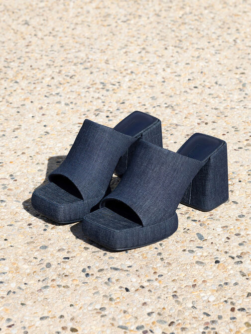 Lucile Denim Block-Heel Platform Mules, Dark Blue, hi-res