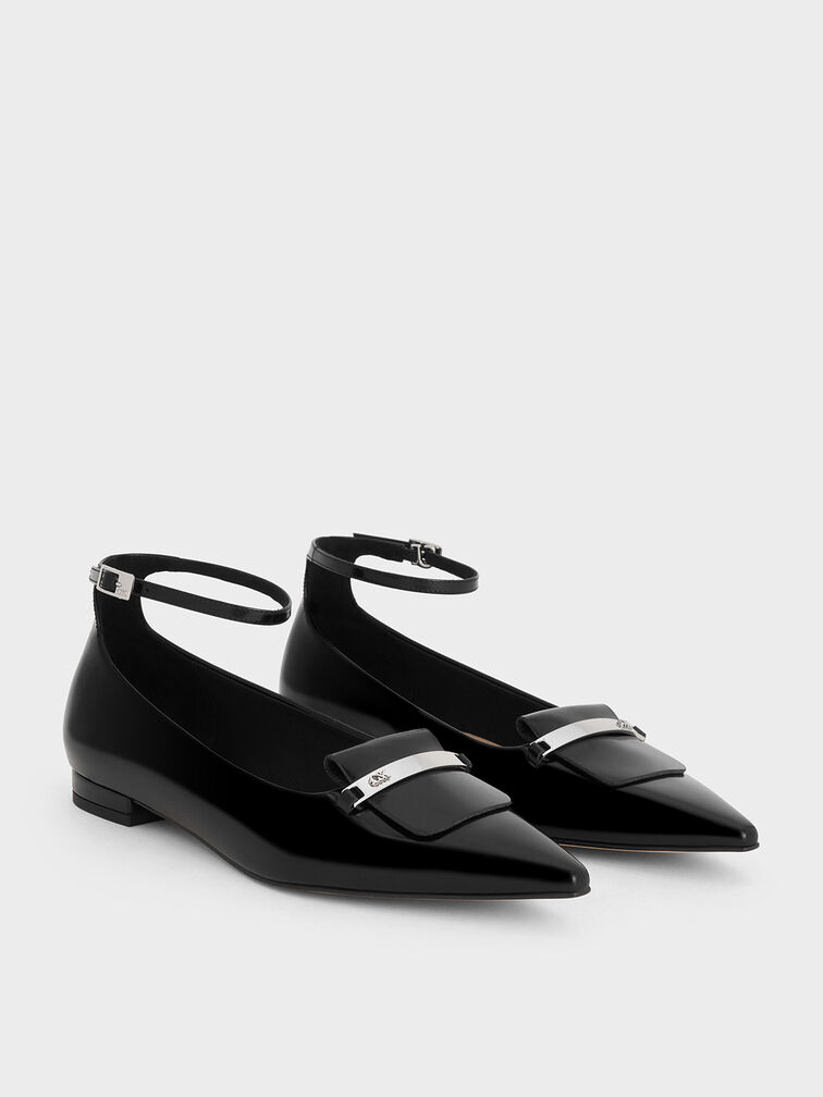 Leather Metallic-Accent Pointed-Toe Ankle-Strap Flats, Black Box, hi-res