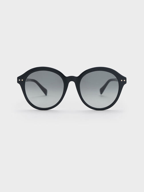 Recycled Acetate Round Cat-Eye Sunglasses, Black, hi-res