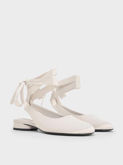 Satin Tie-Around Ballet Flats, Light Grey, hi-res
