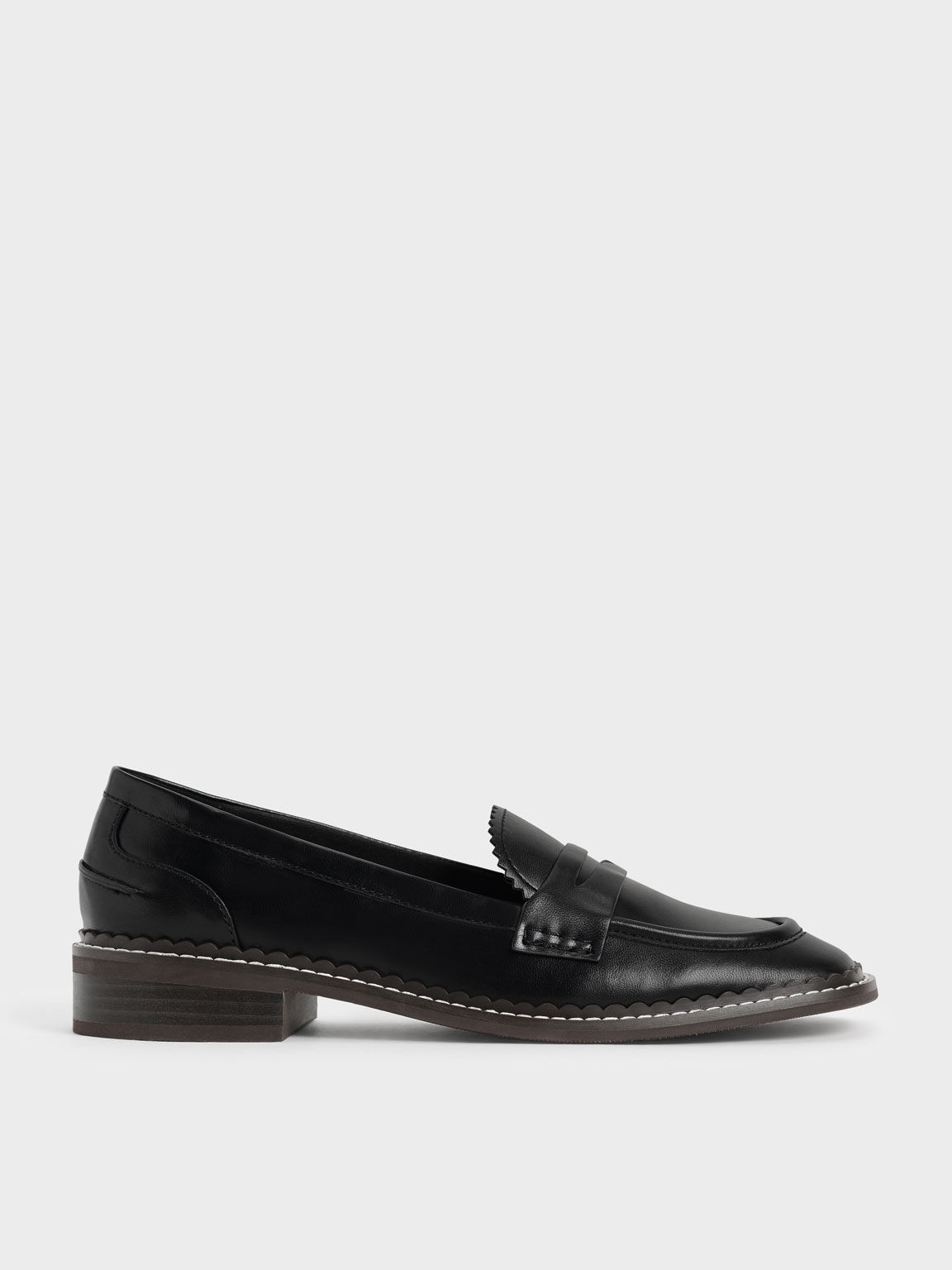 Scallop-Trim Penny Loafers, Black, hi-res