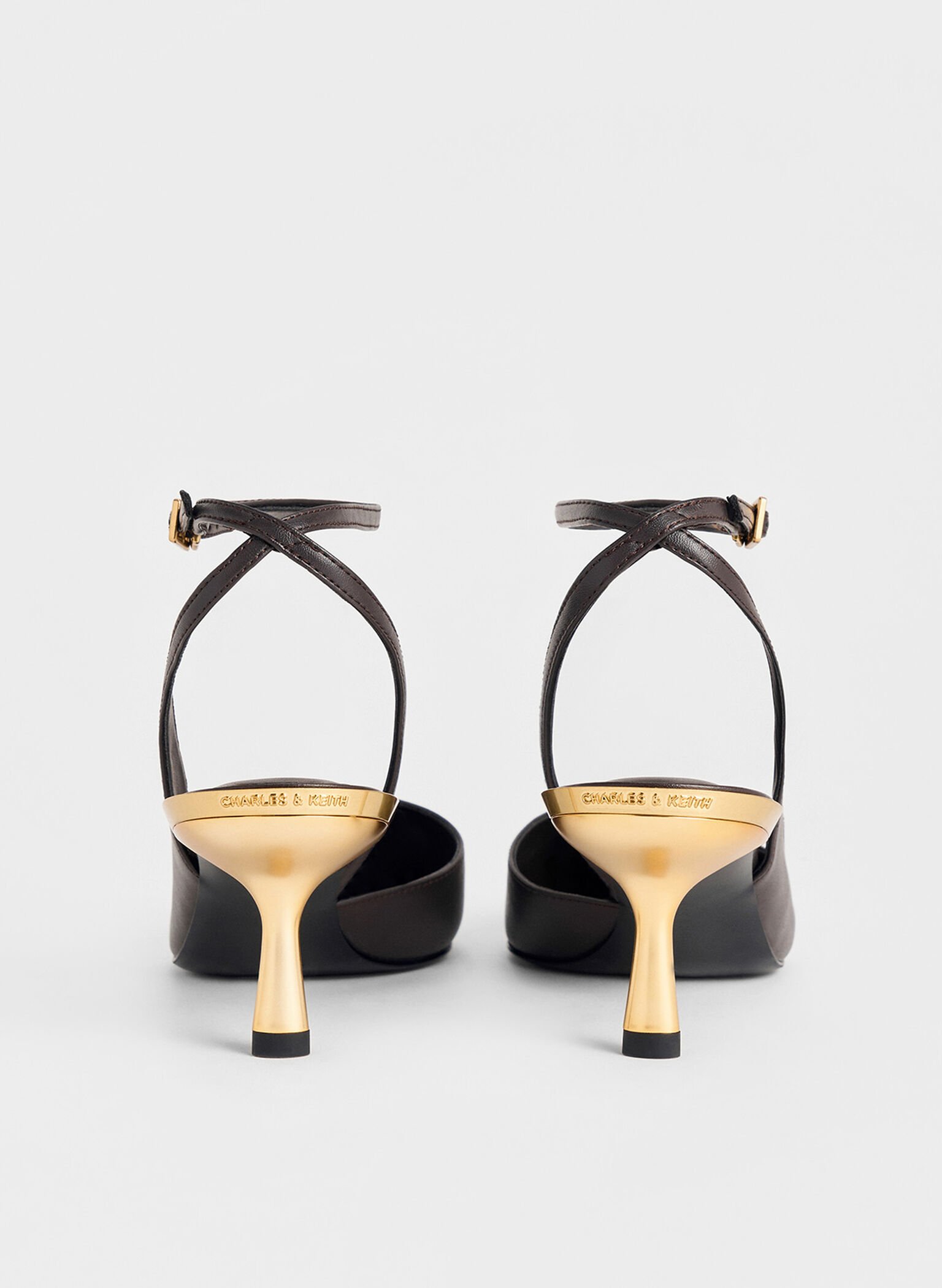 Metallic-Heel Ankle-Strap D'Orsay Pumps, Dark Brown, hi-res