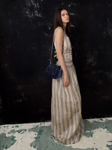 Velvet Bow Ruched Top Handle Bag, Dark Blue, hi-res