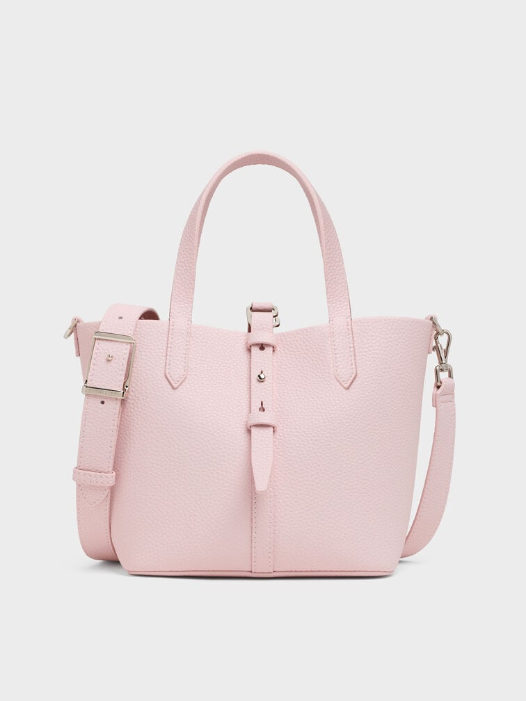 Beryl Recycled Leather Double-Handle Belted Bucket Bag, Cotton Candy Pink, hi-res