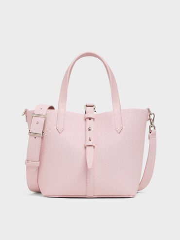 Beryl Recycled Leather Double-Handle Belted Bucket Bag, Cotton Candy Pink, hi-res